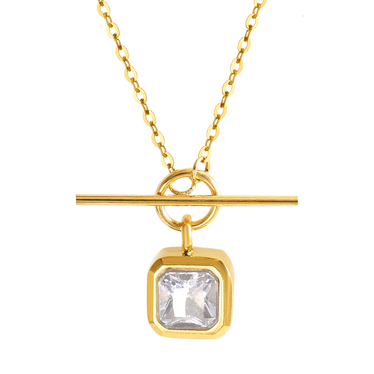 JINHUI Low Profile Luxury Shiny Pink or White Square Cube Zircon Necklaces For Women's Stainless Steel Hypoallergenic Jewelry