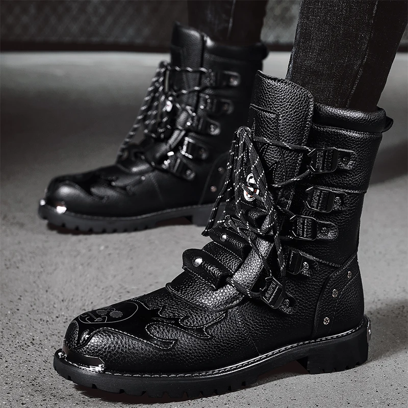 Hot Man Black Leather Big Square Toe Lace Up Thick Sole Platform Ankle Boots Male British Style Motorcycle Short Boots Shoes