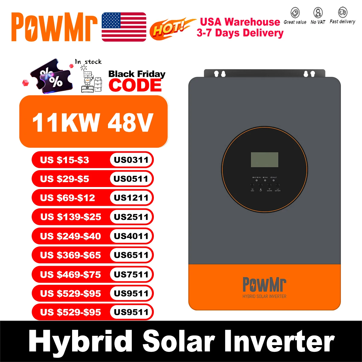 Powmr USA 6.2kw 48V Hybrid Solar Inverters 220vac with Pure Sine Wave 120A