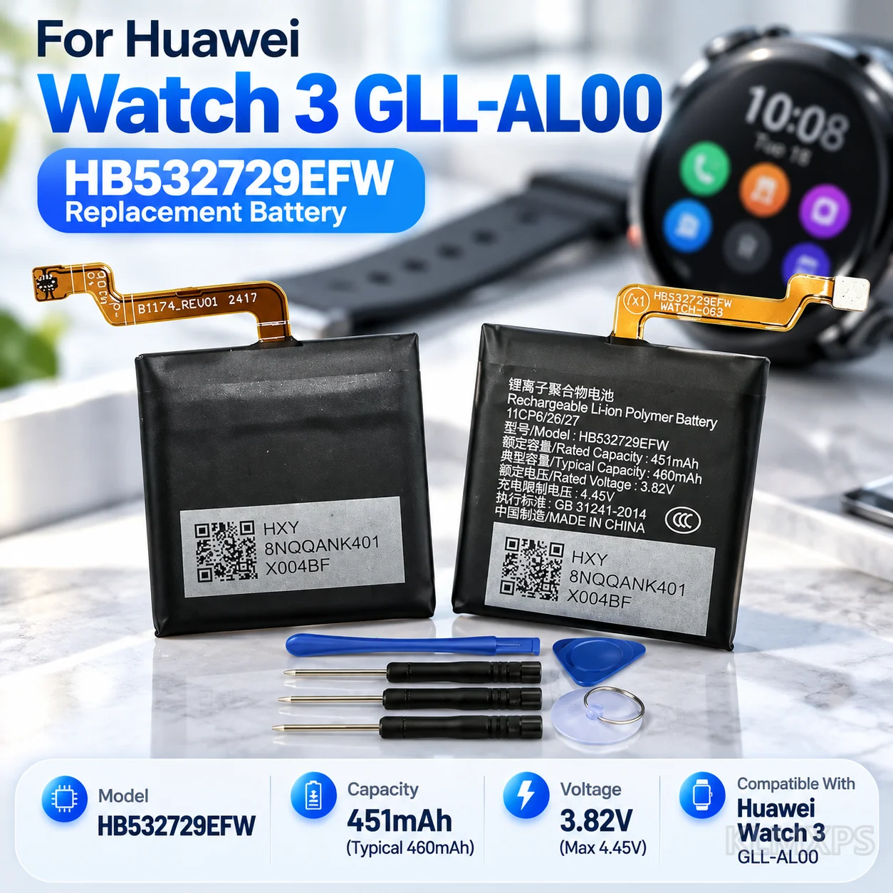 Smart Watch Replacement Battery HB532729EFW 460mAh For Huawei Watch 3 Smartwatch Repair Battery With Free Tools Included