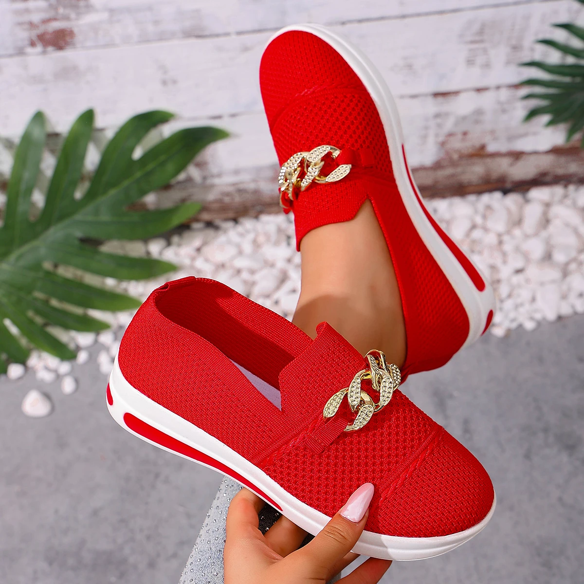 Women Sneakers 2025 New Summer Fashion Women Casual Shoes Sports Knitting Sneakers Flat Hollow Out Chain Plus Size Shoes Women