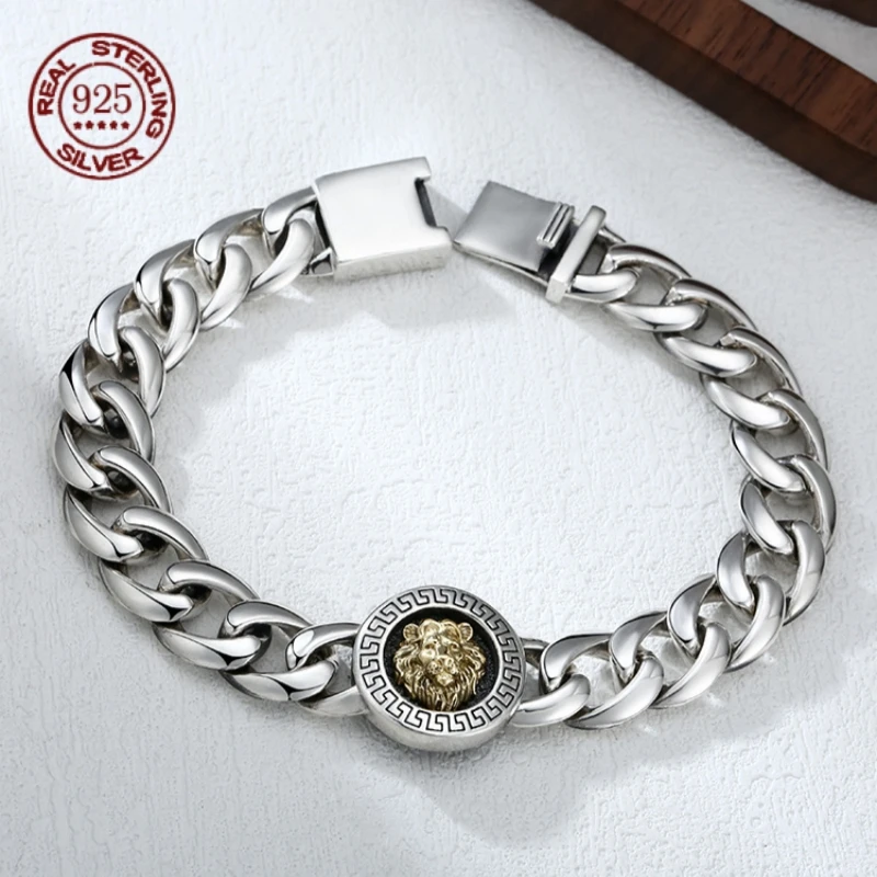 Retro Punk S925 Sterling Silver Mens Bracelet Thick Curb Cuban Chain Two-tone Lion Head Round Charm Male Wristband Jewelry