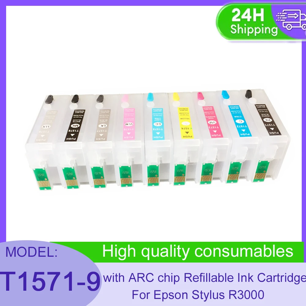 

Vilaxh 9pcs T1571 - T1579 for Epson R3000 refillable ink cartridges with ARC chip T1571 - T1579 R3000 Refillable Ink Cartridge