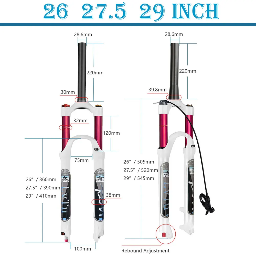 Mountain Bicycle Suspension Fork, MTB Bike Air Fork, Magnesium Alloy, Straight or Tapered, 26 \