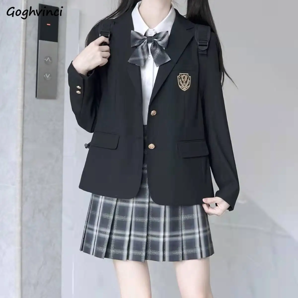 Blazer für Frauen gekerbter Kragen einreihige schwarze Blazer Outwear JK College Student Uniform Herbst lose Streetwear Chic