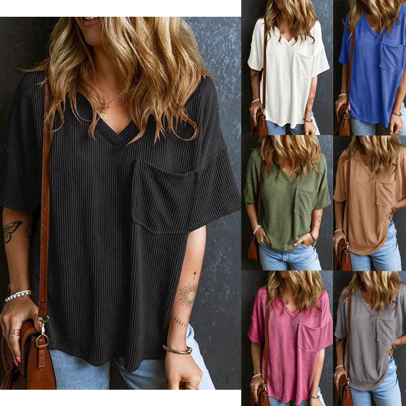 

2026 Spring Summer New Fashion Two-Tone Twist Mid-Strap Pocket Short Sleeve V-Neck Top for Women