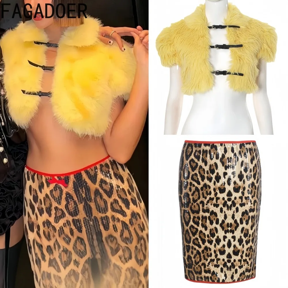 FAGADOER Sexy Fur Patchwork 2 Pieces Set for Woman Outfits Yellow Sleeveless Crop Top and Sequin Skirt Suits Female Streetwear