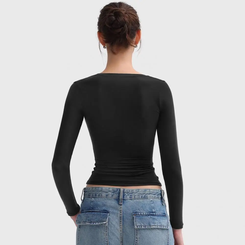 Top de mujer favorecedor de figuras, blusa versátil de manga larga con cuello redondo para mujer, jersey ajustado con alta elasticidad sólida