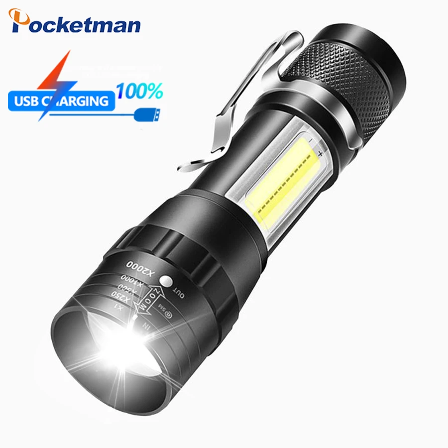 Rechargeable LED Flashlight High Lumens Super Bright LED Torch Light with COB sidelight 3 Modes Zoomable Handheld Work Light