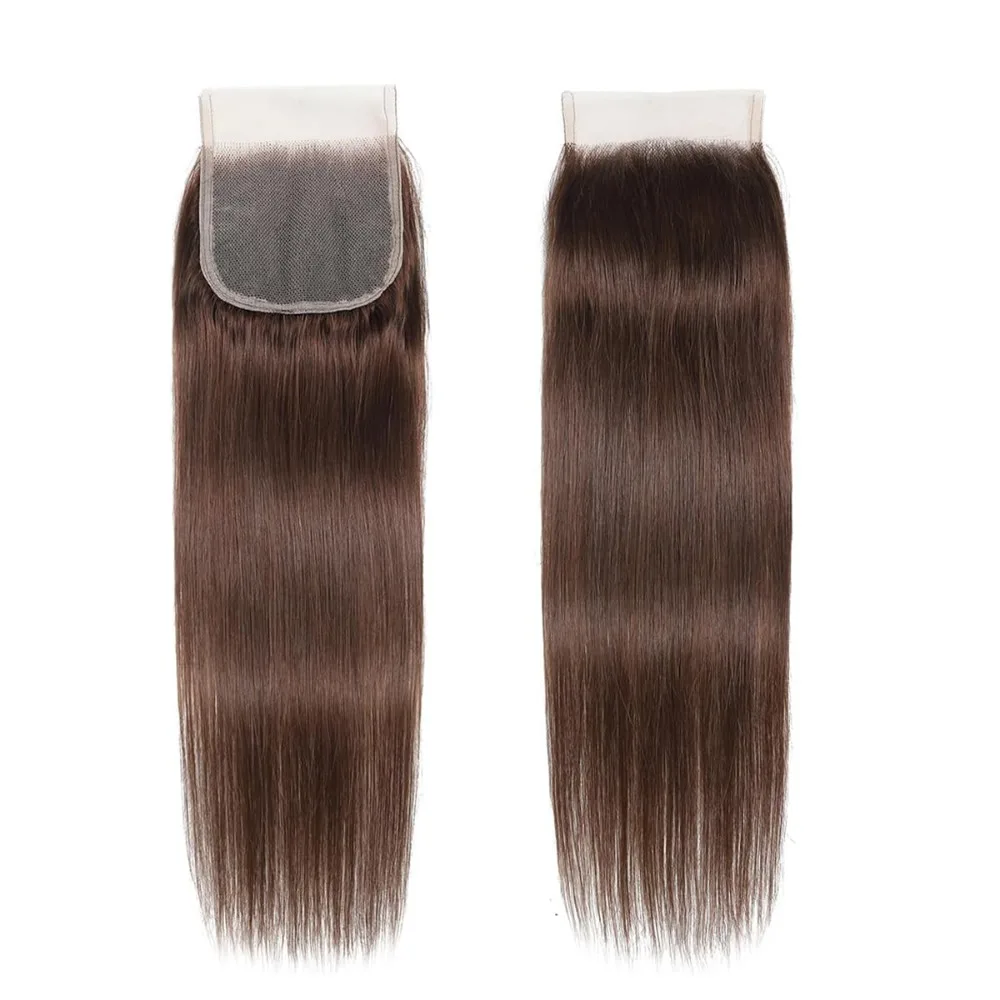 Bruine sluiting 4x4 vrije deel chocoladebruin # 4 kleuren rechte golfsluiting 100% human hair extensions vooraf geplukt remy 150%