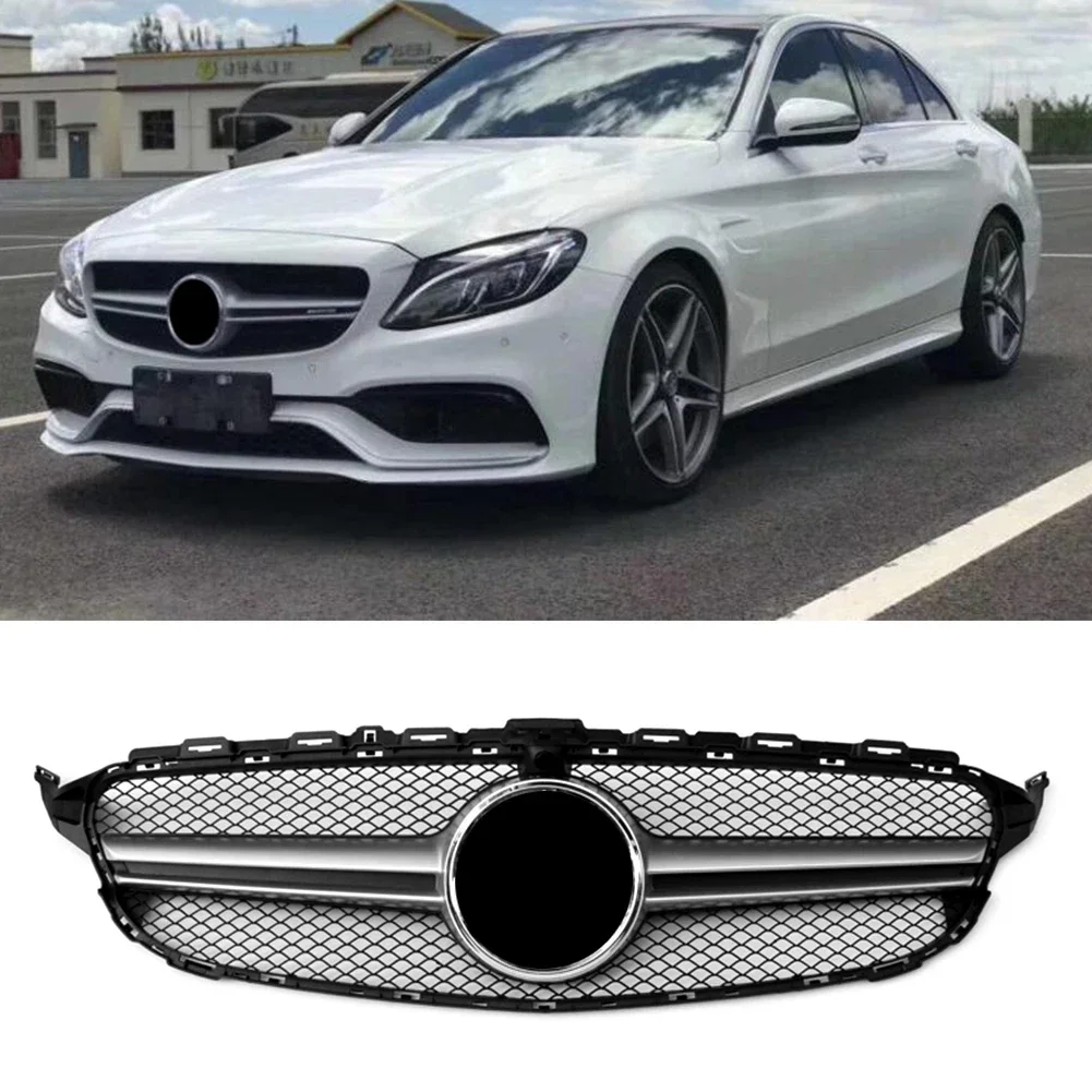 Car Front Grill Upper Grille W/ Camera For Mercedes Benz C-Class W205 C200 C250 C300 C350 2015 2016 2017 2018 Chrome Silver ABS