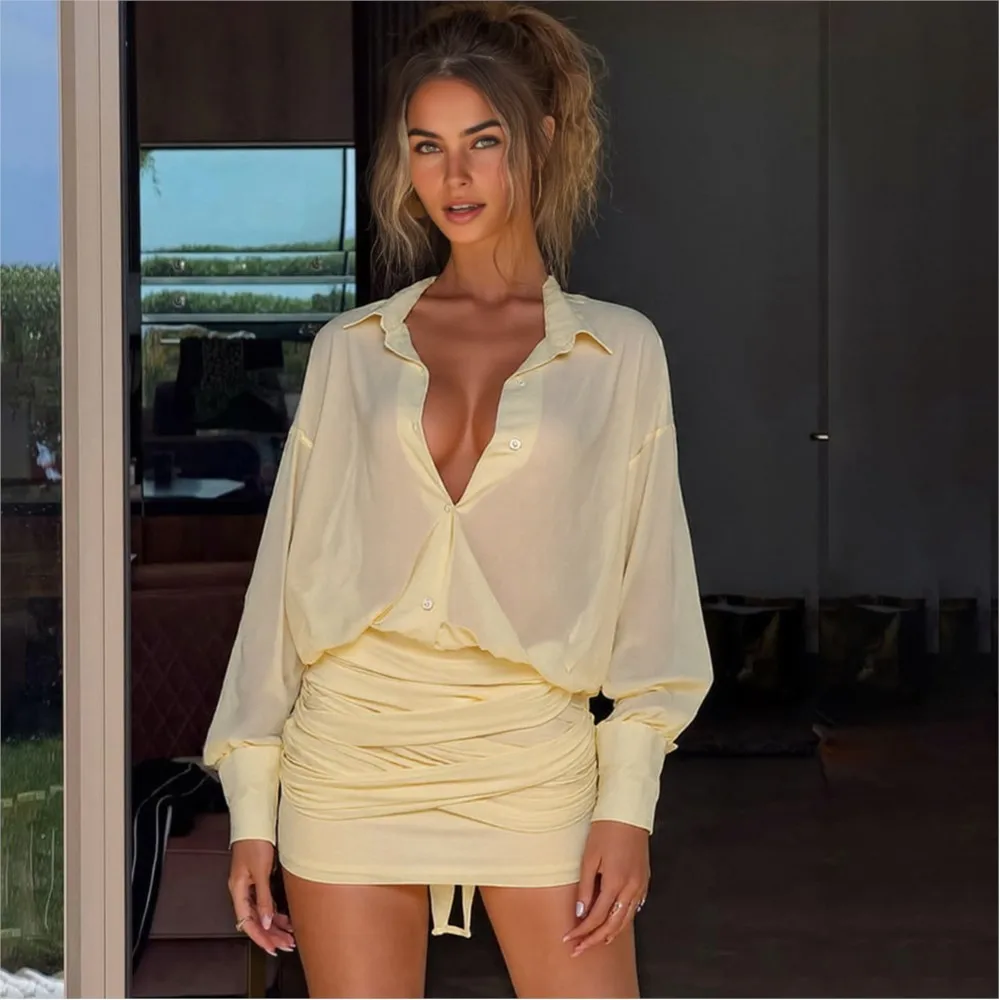 

Sexy Fashion See Through Shirt Mini Dress Flare SleeveTrend Club Party Dress Streetwear Mini Bodycon Outfits Women Clothes