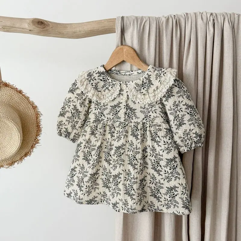 Spring and autumn cotton floral print girls' dress, baby romper, lace-trimmed collar, long-sleeved dress, matching outfits for s