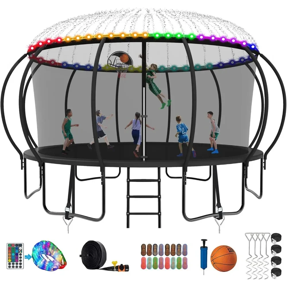 

12FT 1200lbs Tranpoline for Kids and Adults with Light+Sprinkler+Socks, Recreational Tranpoline with Basketball Hoop, Ladder