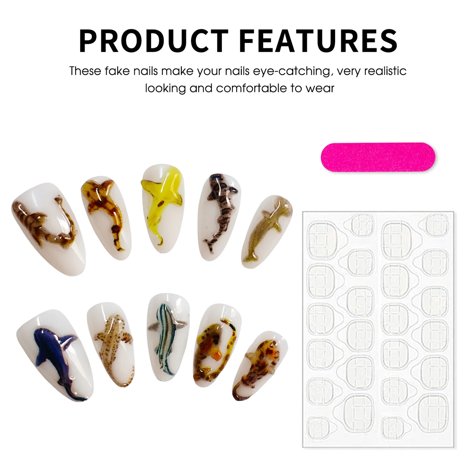 10 قطعة الصحافة اليدوية على الأظافر الحلو كول ثلاثية الأبعاد الأسماك الملونة ديكور الأظافر كاذبة الأبيض اللوز النساء الفتيات يمكن ارتداؤها وهمية مسمار مانيكير