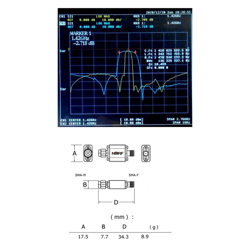 NMRF 1420Mhz Bandpassfilter SAW Bandpass SMA-interface 80Mhz bandbreedte SMA-M SMA-F-interface Bandpassfilterontvanger