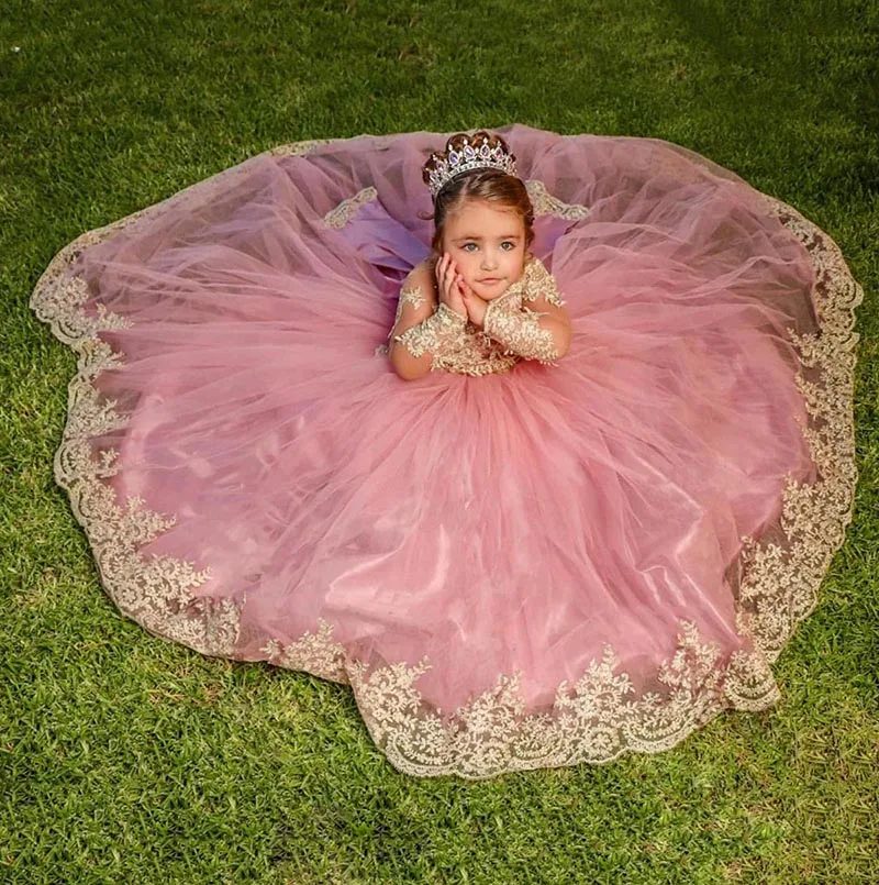 Vestidos de manga larga para niña de flores con fajas, vestido de desfile de princesa de tul con apliques dorados, vestido de cumpleaños para niños, primera comunión