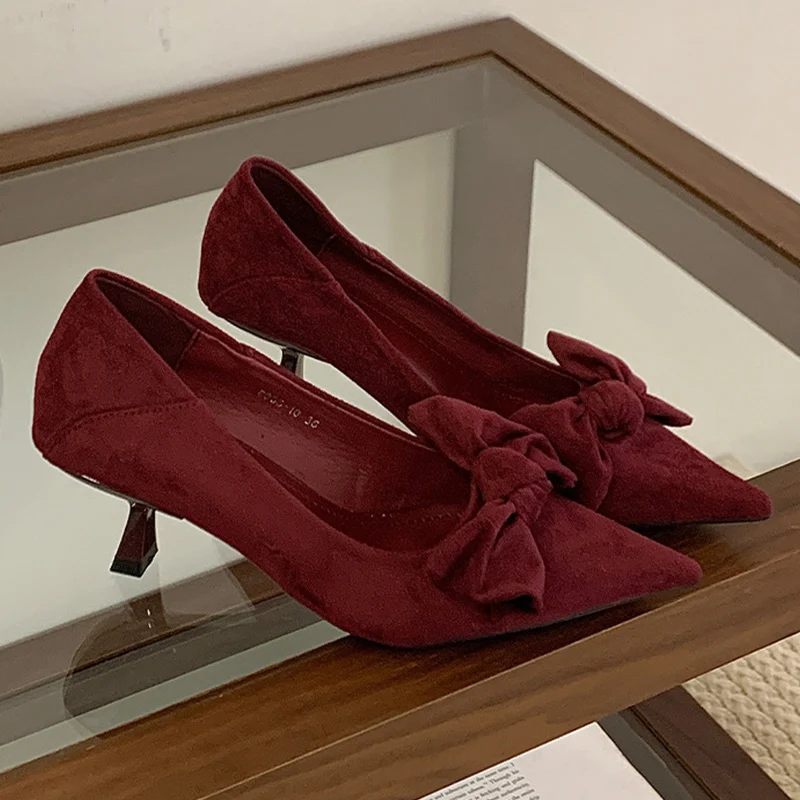 

Luxury Suede Elegant Pumps High Heels For Women Thin Heel Shallow Mouth Bow Comfortable Pointed Toe Commuter Designer Shoes 8CM