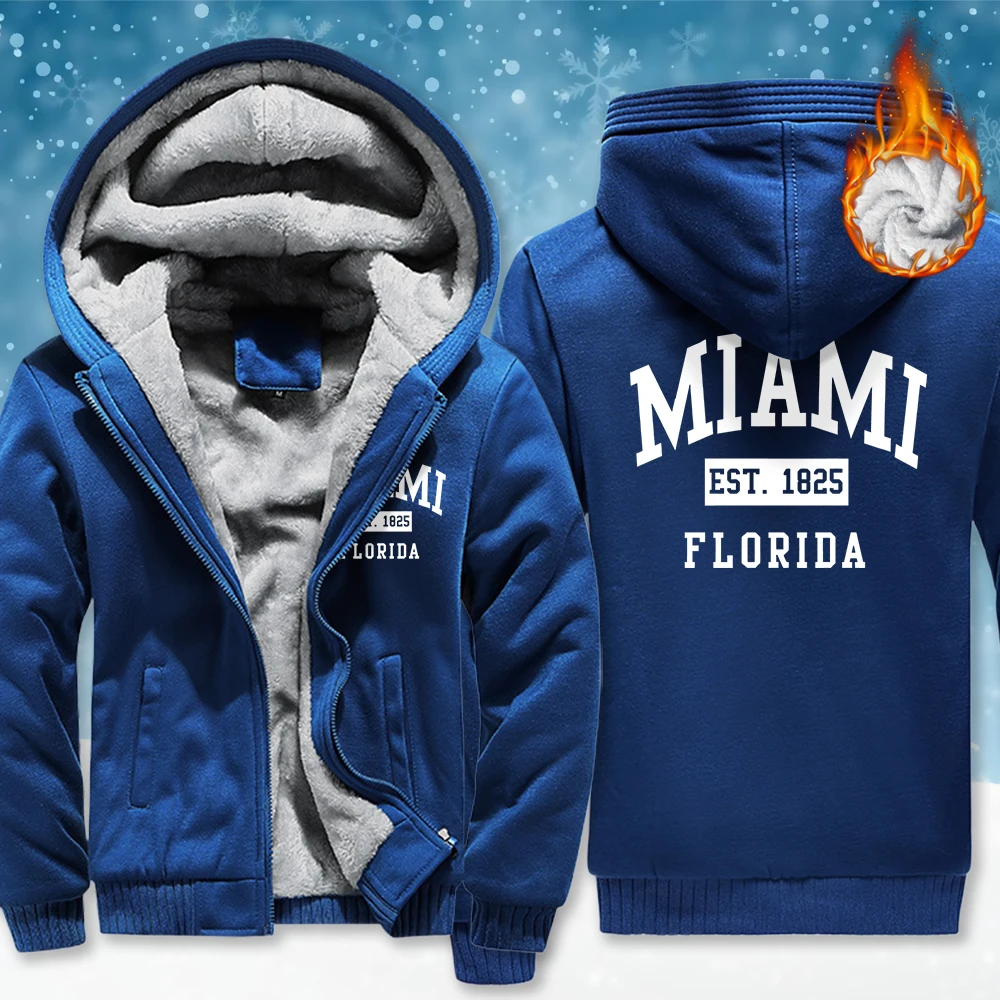 

Miami Est 1825 Florida Print Men Zipper Jacket Loose Pocket Tops Thicken Fleece Coat Retro Unisex Winter Fashion Long Sleeve