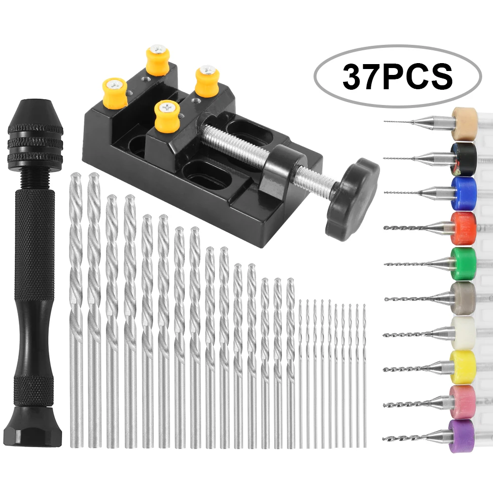 

37Pcs Portable Hand Twist Drill Set Include Pin Vise Hand Drill with Miniature Drill Micro Mini Twist Drill Bit and Bench Vice