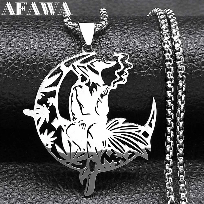 Witch Hat Smoking Moon Leaf Pendant Necklace for Women/Men Silver Color Stainless Steel Punk Chain Jewelry colier NZZZ523S02