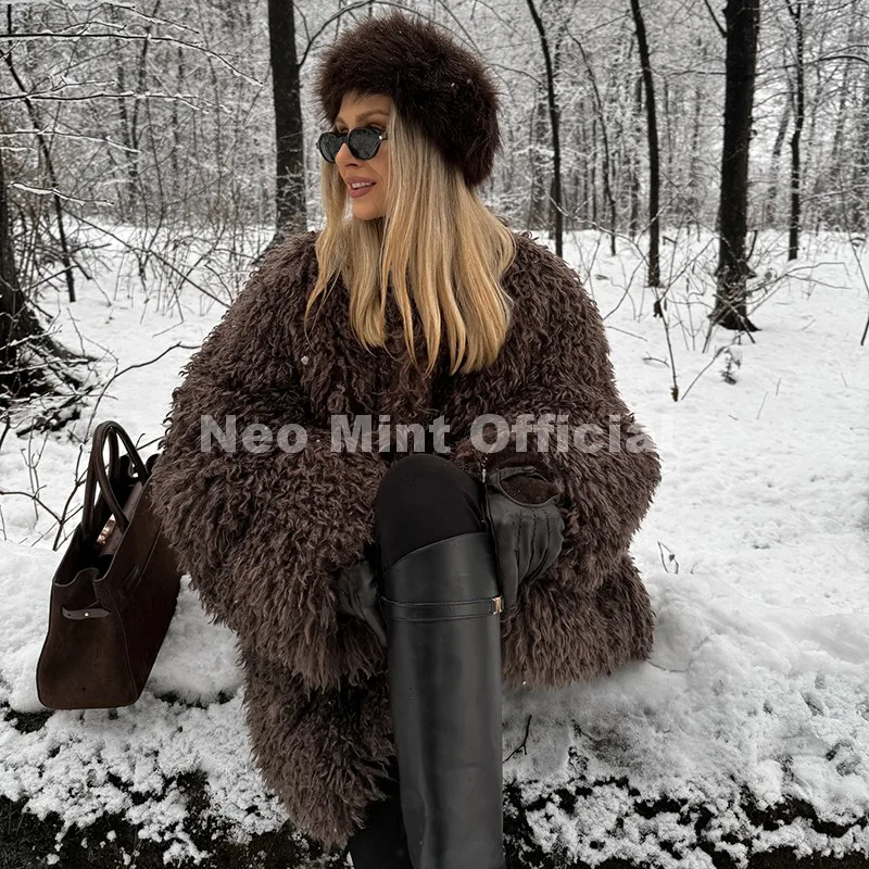 Neo Mint Winter 2026 Hot Chocolate Fluffy Chunky Sheep Fur Coat Women Oversized Overcoat Outerwear Ins Street Fashion Fur Jacket