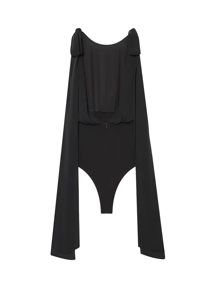 

HH 2026 Women Elegant O-Collar Long Sleeves Street Splice Black Jumpsuit Woman Bow Decoration Zipper Resilience Short Jumpsuit