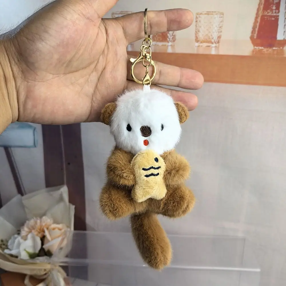 Decorations Holding Fish Cartoon Otter Keychain Fluffy Soft Plush Otter Bag Pendant Creative Stuffed Otter Plush Keyring Unisex