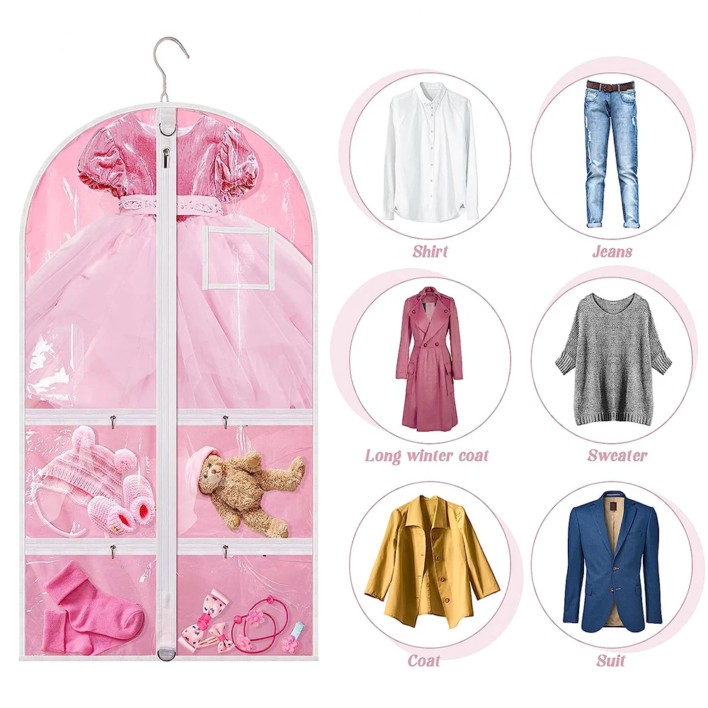 Pink Dance Dress Garment Bags for Dancers Clear Kids Hanging Dance Clothing Bag with Four Clear Pockets for Dance Competition