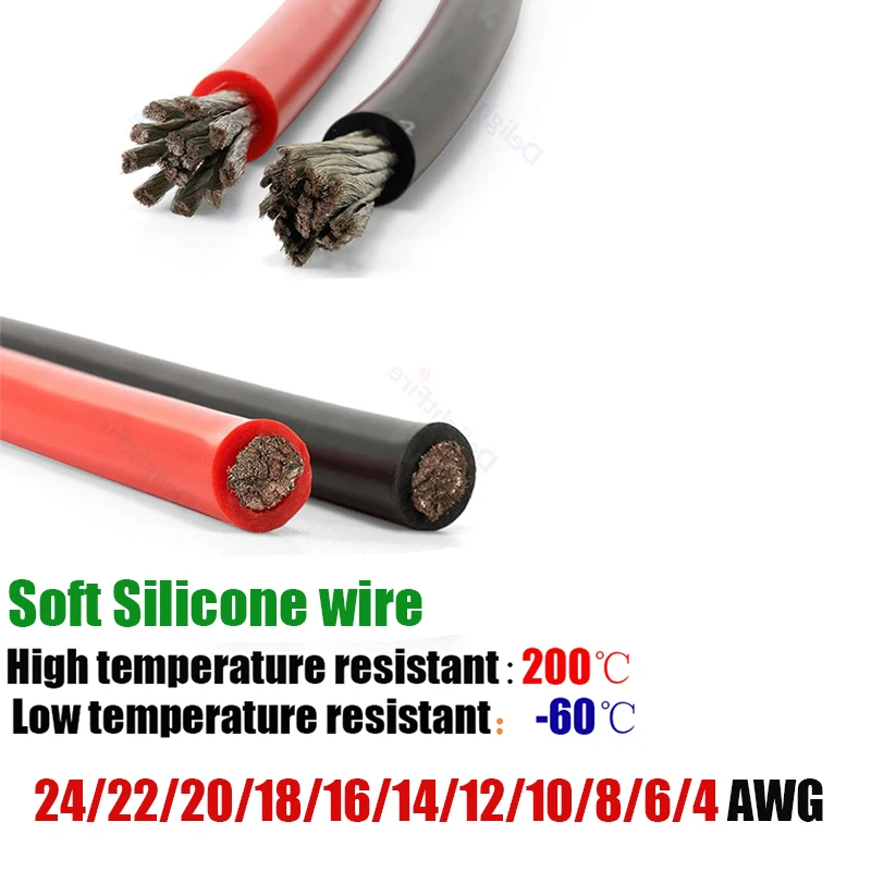 Soft Heat Resistant Electrical Wire 6 8 10 12 14 16 18 20 AWG Red Black Silicone Power Cable for Battery Inverter Motor Led Lamp