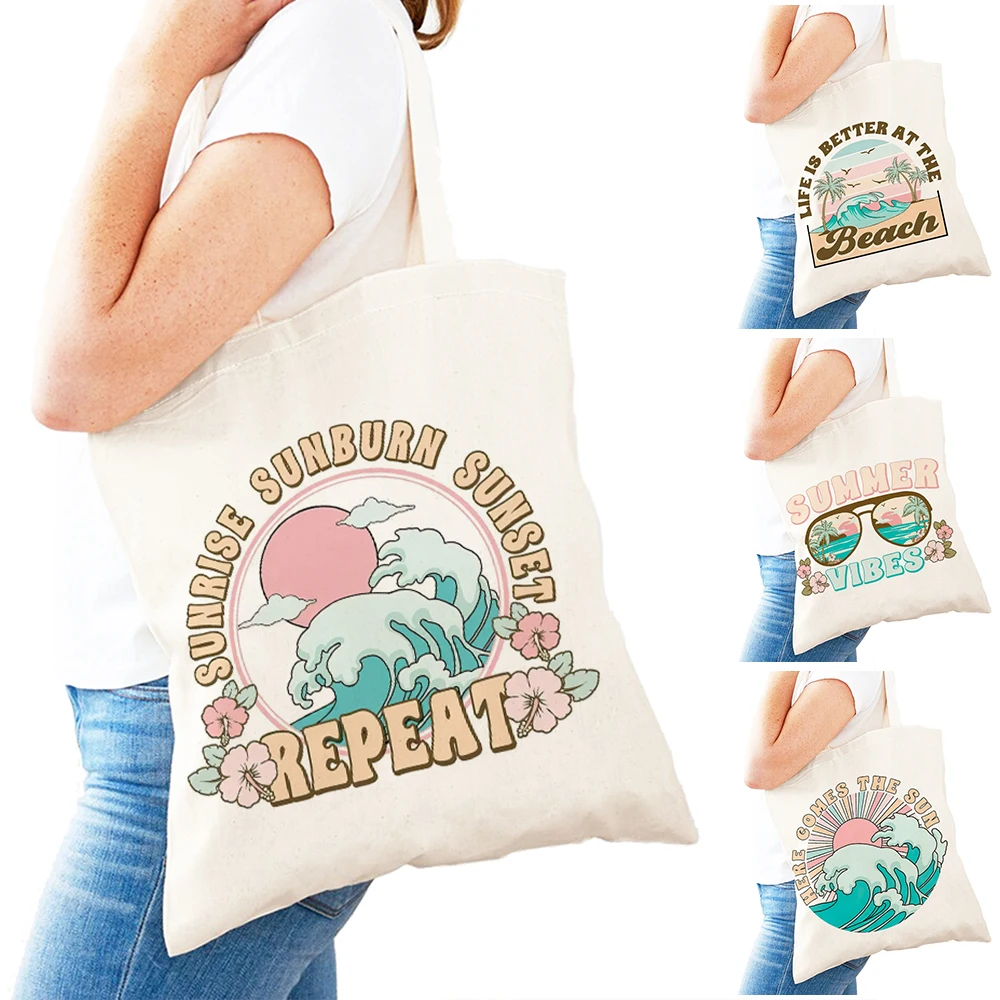 

Fashion Beach Wave Girl Daily use Bags Sunglasses Lady Shopping Shoulder Handbag Double Print Tropical Flower Women Shopper Bag