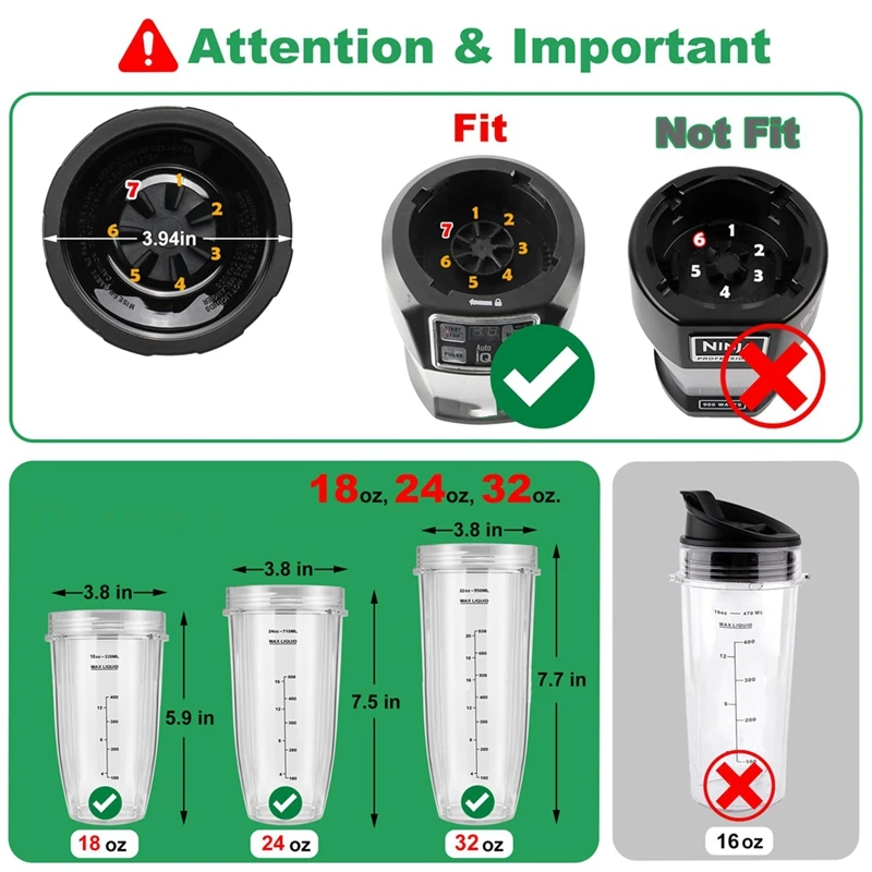 قطع غيار خلاط AEB1-لأكواب خلاط نينجا أوتو آي كيو، 24 أونصة + 32 أونصة مع مجموعة أغطية للذهاب، شفرة مستخرج الزعانف #4