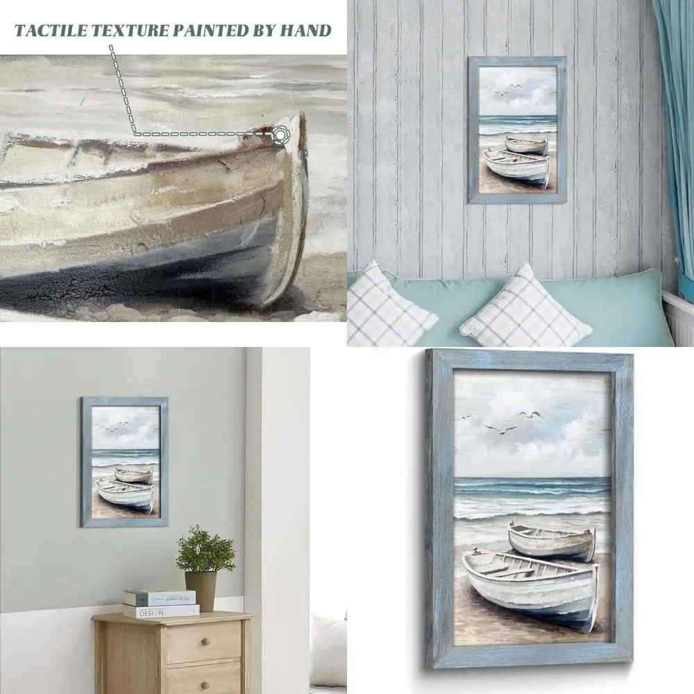 

Nautical Seascape Wall Art: Wooden Framed Coastal Scene with Boat, Sea Birds, and Seagulls, Perfect for Beach-Themed Rooms (24x1