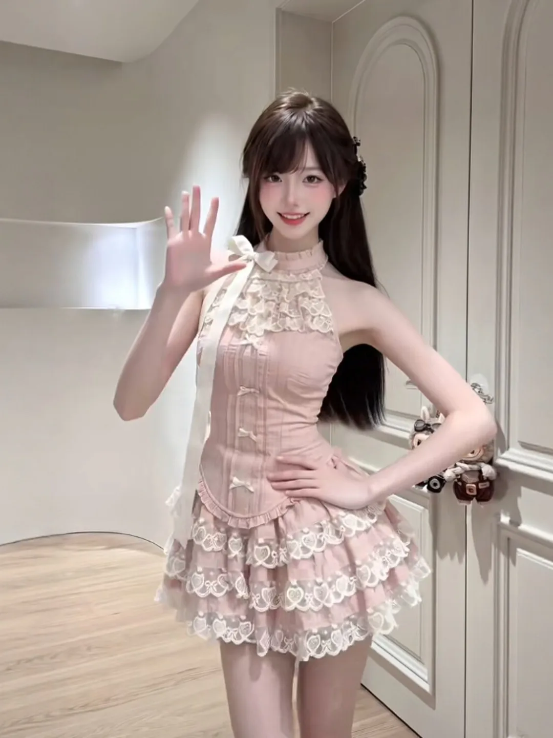 

Summer Beautiful Sweet Style Cake Skirt And Halter Top Set Casual Comfortable Cotton Blend mid High Waist Short Skirt