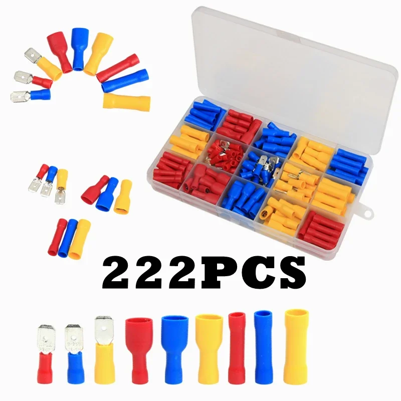 222PCS Red Blue Yellow Assorted Insulated Spade Butt Electrical Wire Cold Pressure Terminal Set