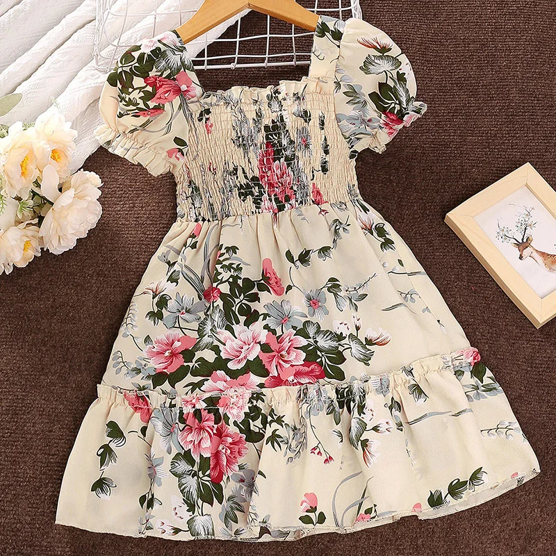 Summer Girl's Long Skirt Polyester Square Collar Suspender Sleeveless Lace Play Smocking A-line Print Dress Pleated Comfortable