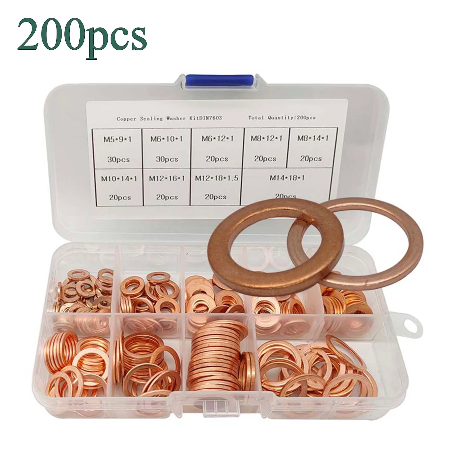 200pcs Copper Washers, High Temperature Resistant Crush Washer Combination Set, M5 M6 M8 M10 M12 M14 Leak-Proof Sealing Washers
