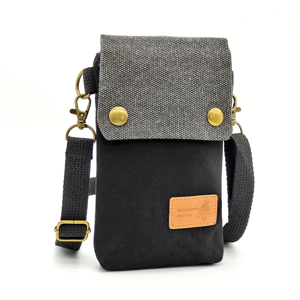 Solid-color canvas 3-layer diagonal cross-body phone bag, simple and fashionable wallet, single-shoulder bag