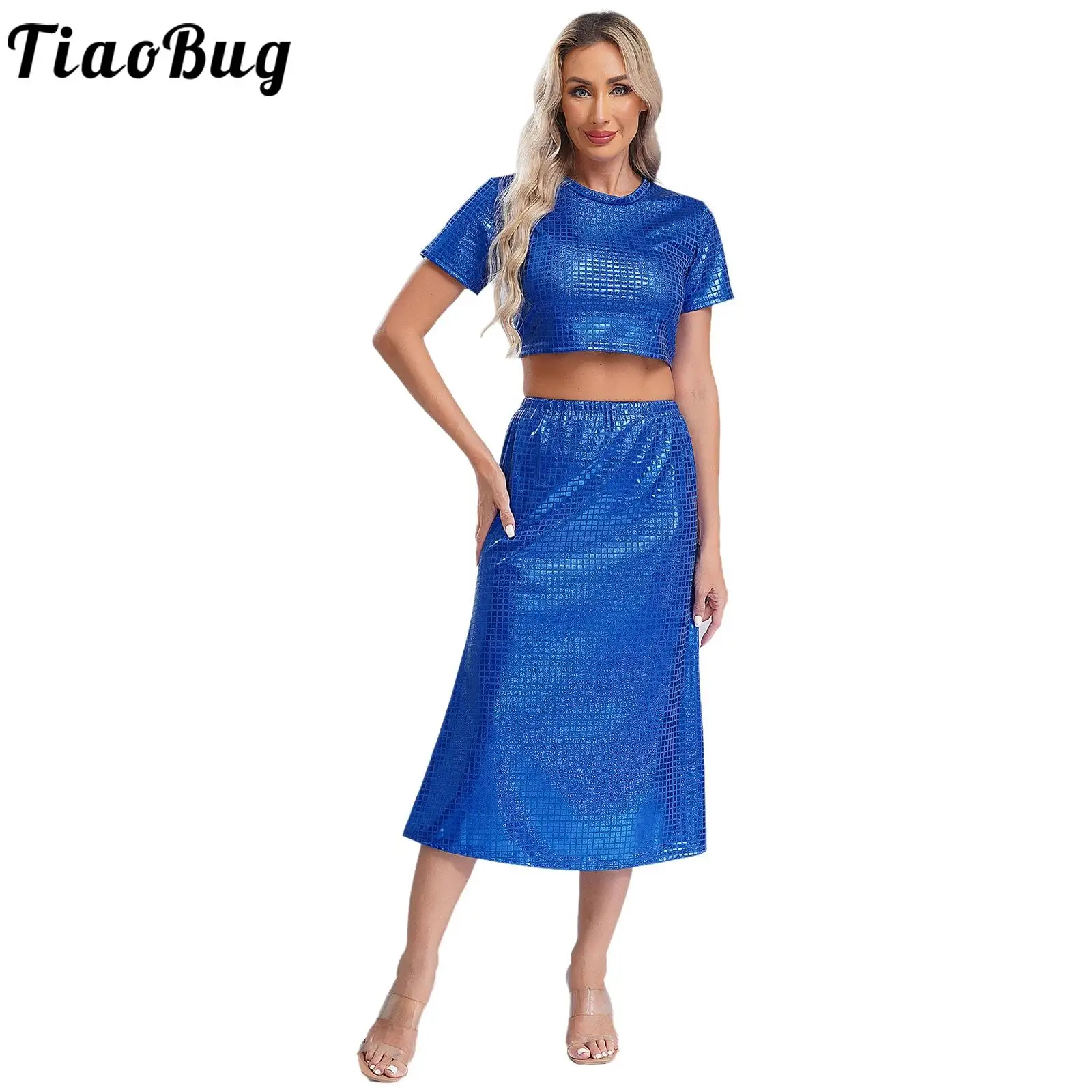 

Женский блестящий металлический клетчатый костюм для танцевального клуба, укороченная футболка с круглым вырезом и короткими рукавами, макси-юбки «рыбий хвост»