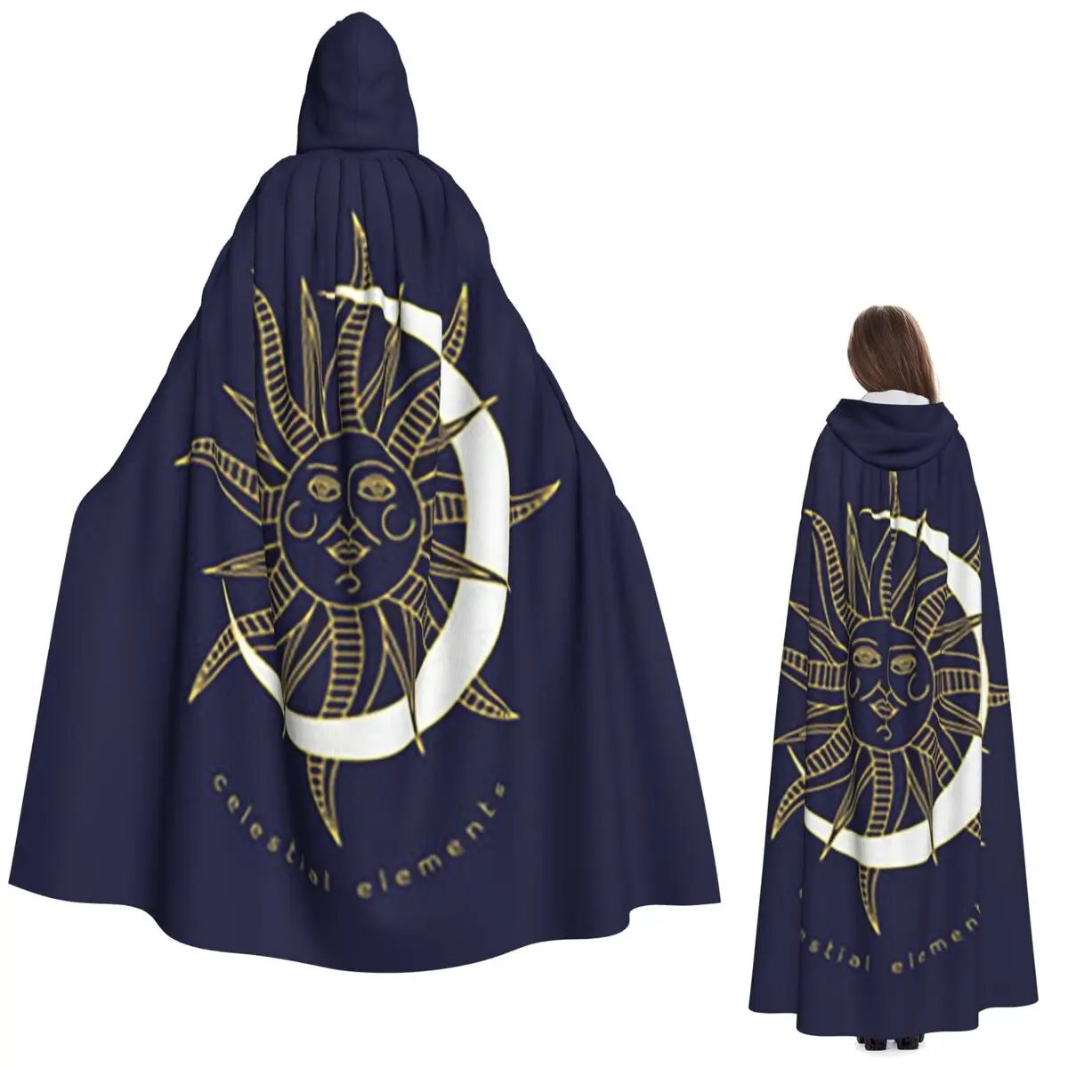 السماوية الصوفي الباطنية ماجيك الشمس القمر طويل مقنعين عباءة الساحرة القرون الوسطى زي تأثيري كيب هالوين معطف الكبار للجنسين