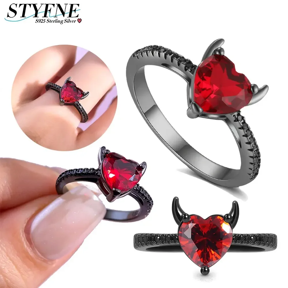 

Изысканное черное кольцо из стерлингового серебра 925 пробы с красным цирконом для женщин, простое ювелирное изделие на годовщину свадьбы, подарок