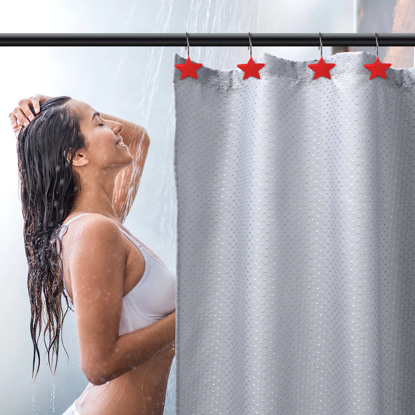 

12Pcs Bath Curtain Hooks Resin Metal Pentagram Multicolor Star Decorative Rust Proof Hanging Hook for Bathroom Shower Curtain