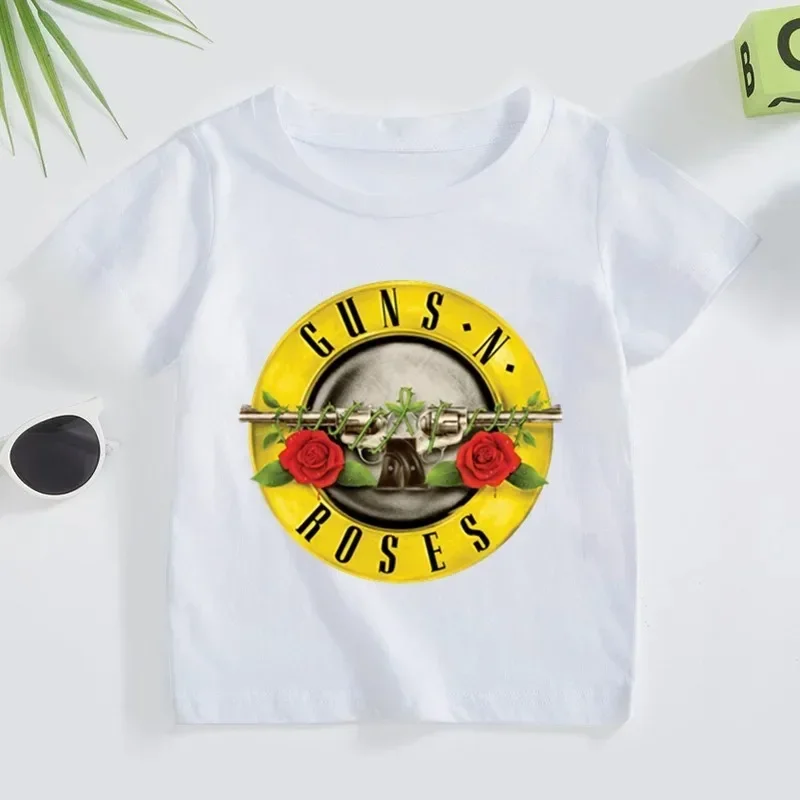 Summer Children\'s T Shirt 2T~14T Rock Band Gun N Roses Boys and Girls Kpop Music Short Sleeve Tops Kids Casual Cotton Clothes