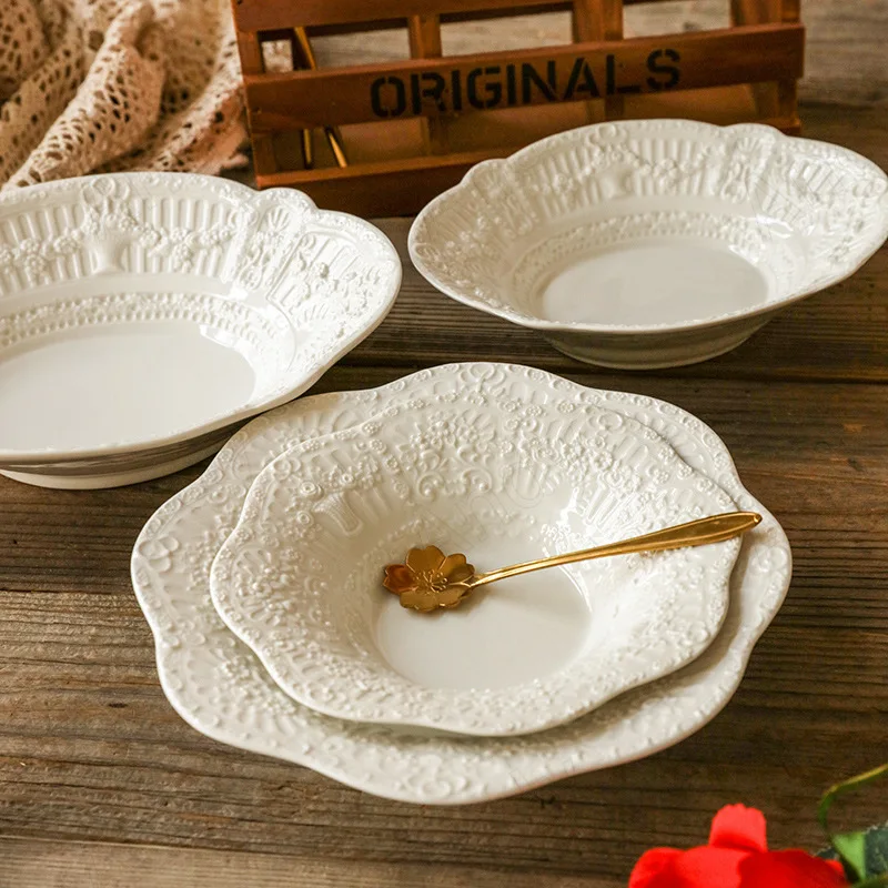Plato de cerámica creativo, decoración barroca, plato de bistec occidental, alivio de la Lacy, platos de postre de té de la tarde, cubiertos de cocina