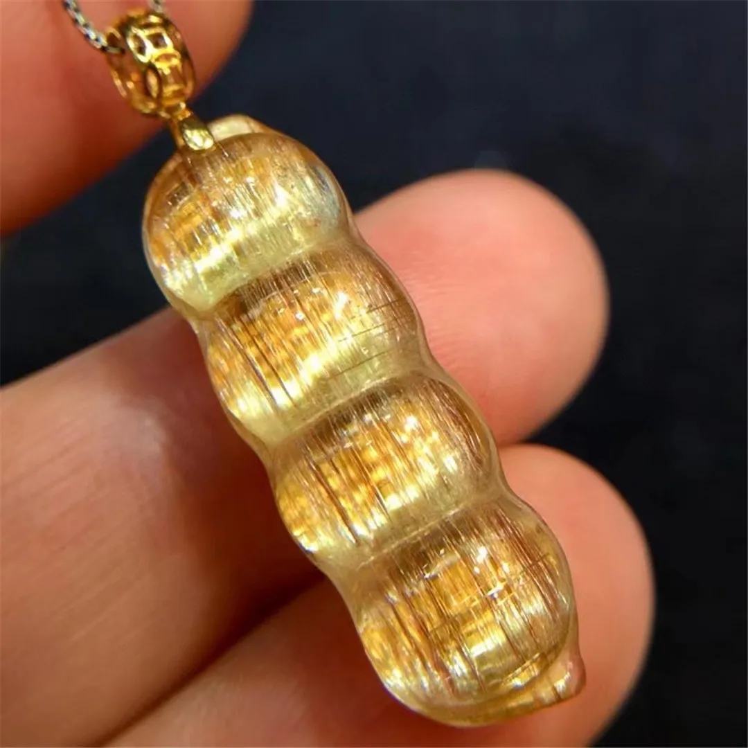 Natural Gold Rutilated Quartz Pendant Jewelry For Woman Man Wealthy Gift 18K Gold Rare Gemstone Crystal 28x9x7mm Beads AAAAA