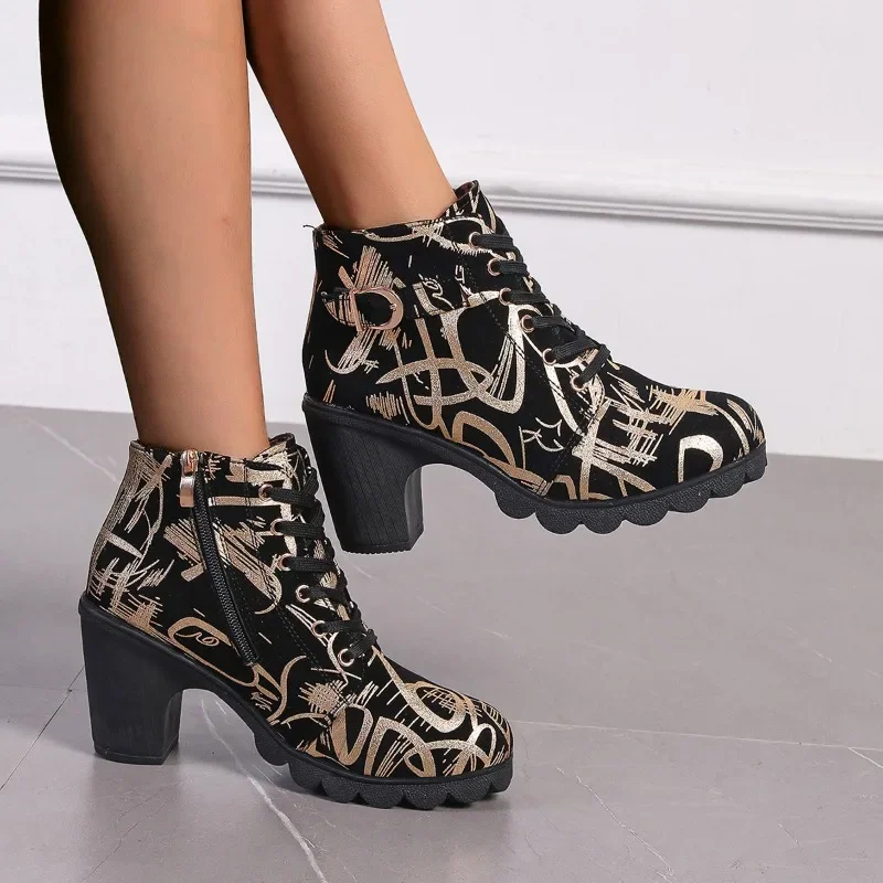 

Women's Boots Lace Up Low Heel Ankle Botas Mujer Casual Shoes Retro Round Toe Printing Lace Up Shoes Chelsea Short Ankle Bootie