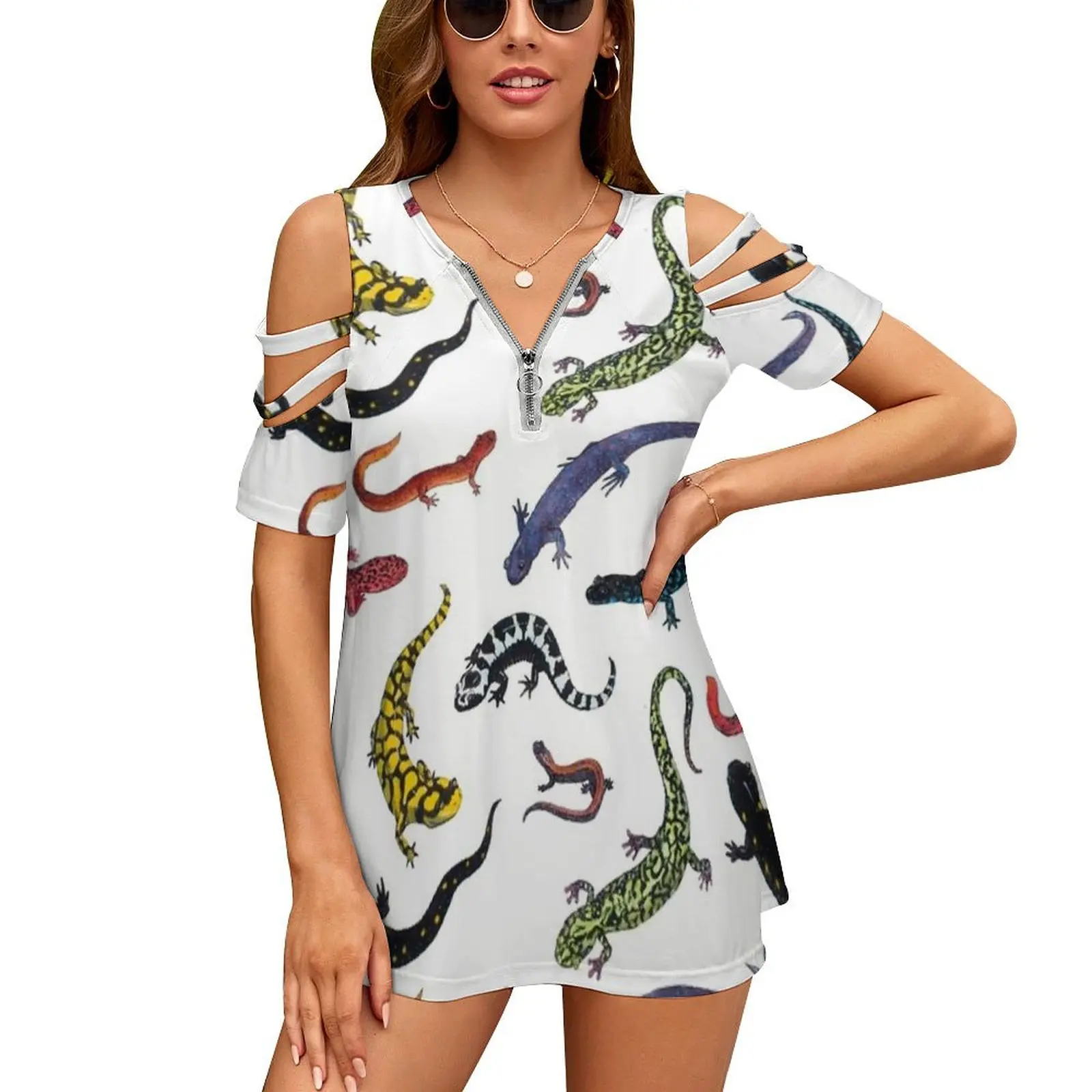 Salamanders New Fashion Zip Off Shoulder Top Short-Sleeve Women Shirt Salamanders Salamander Ambystoma Plethodon Nature Lizard