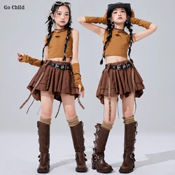 Girls K-pop Wasteland Crop Hoodies Street Dance Tiered Skirts Kids Hip Hop Streetwear Child Jazz Girl Group Costume Clothes Sets