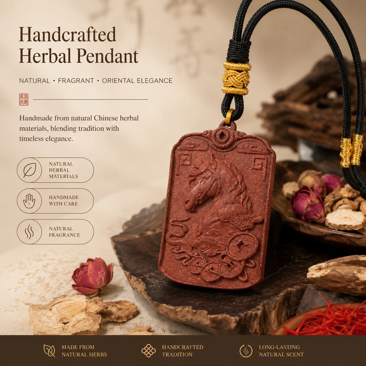 Handcrafted Herbal Necklace– Natural Incense Scented Oriental Zen Meditation Jewelry Relaxation Wellness Gift