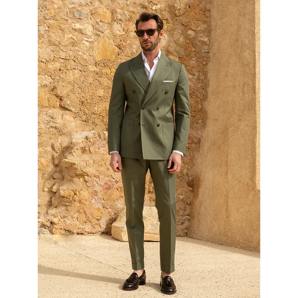 

Fashion Army Green Men Suits Chic Peak Lapel Double Breasted 2 Piece Business Casual Office Wedding Groom Tuxedo Male Suit Slim